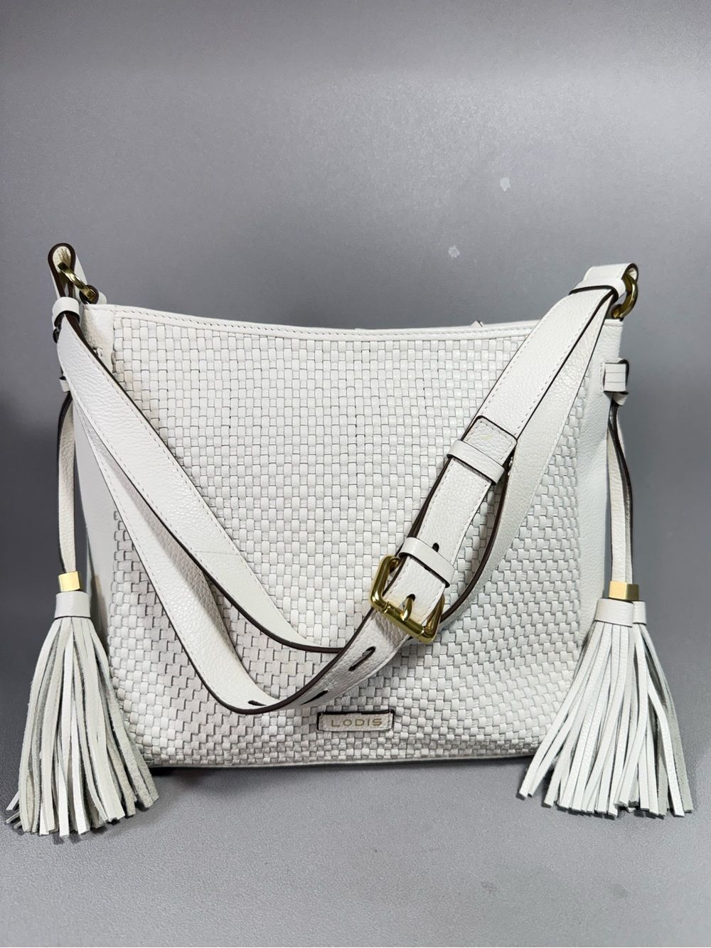 Lodis 1965 White Woven Leather Shoulder Bag with Tassels